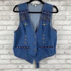 Green Field Denim Vest Black Fringe Rhinestones Metal Button Large Back Buckle
